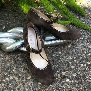 Franco Sarto Brown Suede Patent Leather Wedge Mary Janes Size 9.5